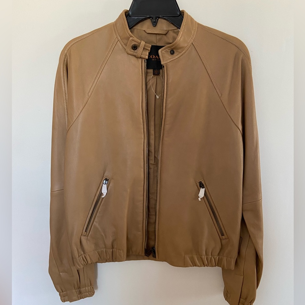 New Coach Women's Soft Leather Zip Jacket Beige / Camel Color  Lightweight